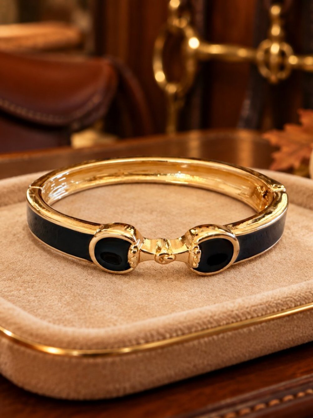Black Enamel Horse Bit Bracelet, Gold Equestrian Bangle, Snaffle Bit Bracelet, H